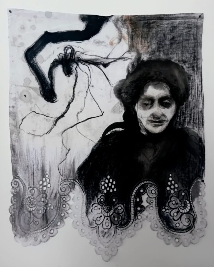 Frances Martin, Dark Portrait With Stark Tree, ink on embroidered cotton linen