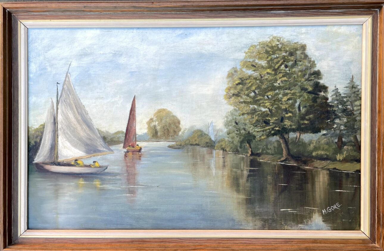 Mary Gore, Sailing on the Broads in oil on board, 44x66cm