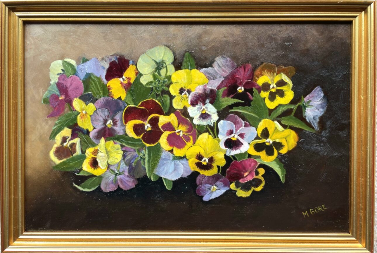 Mary Gore, Pansies in oil on board, 25x40cm